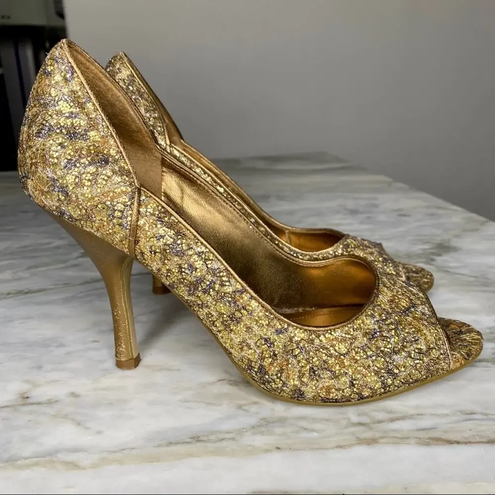ENZO ANGIOLINI Womens Gold Glitter Peep Toe Pumps Heels Size 6